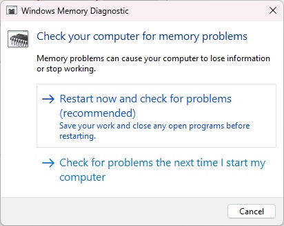 Run the windows memory diagnostic tool 1