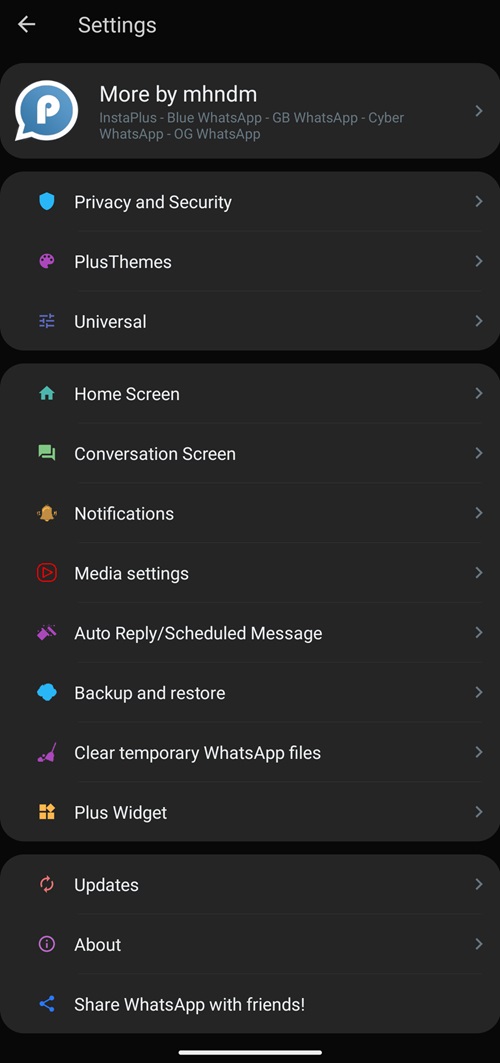 Blue whatsapp plus setting menu