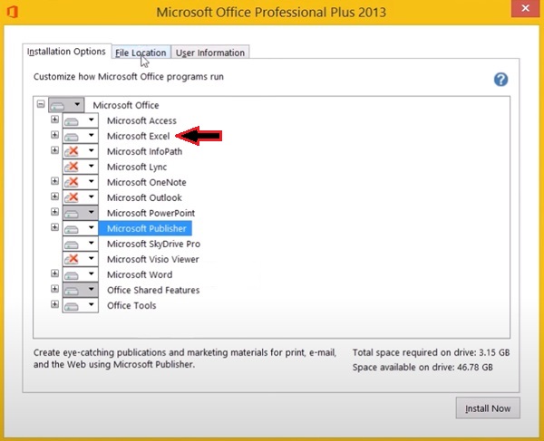 Choosing only ms excel to be installed in office 2013 setup