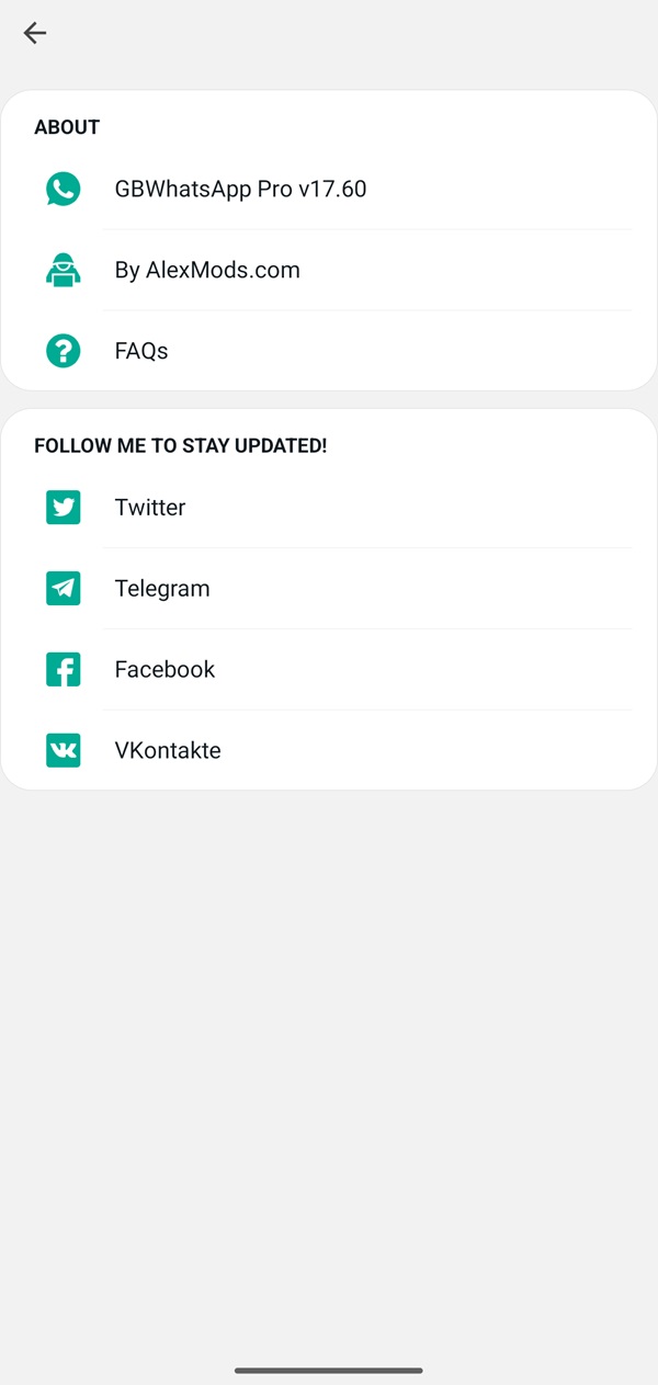 Gb whatsapp about app menu