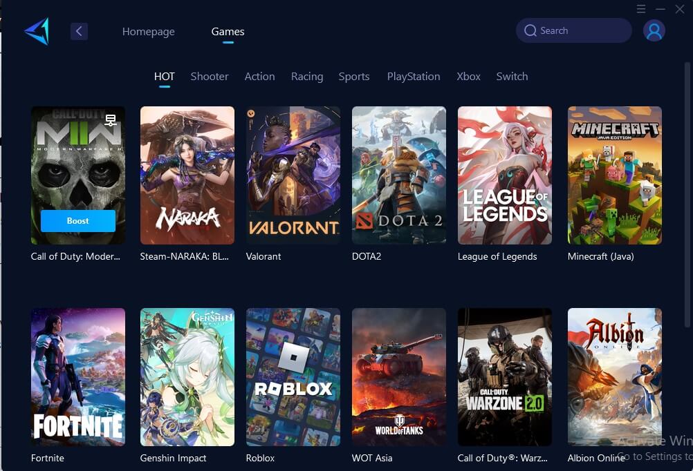 Gearup game booster games selection 