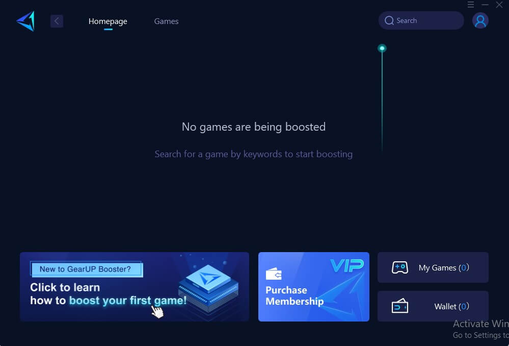 Gearup game booster main screen