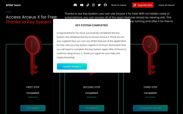 Getting a key for arceus x neo process complete