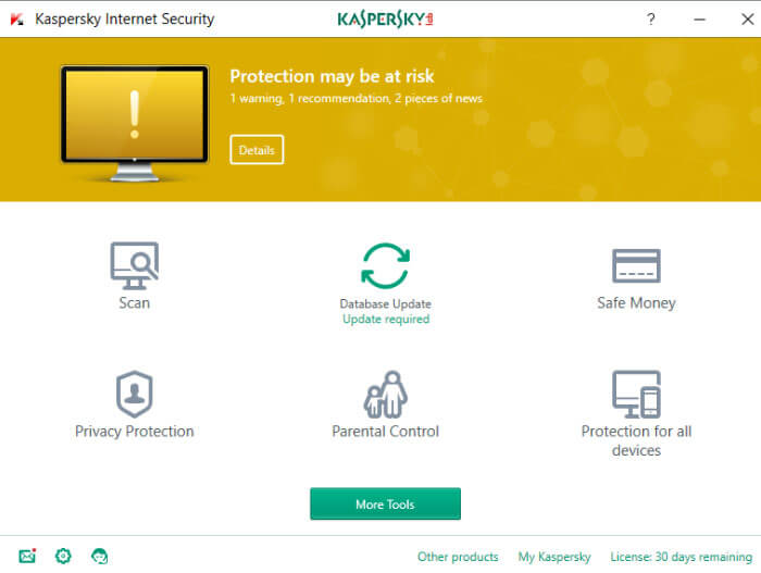 Kaspersky internet security 2017 main interface
