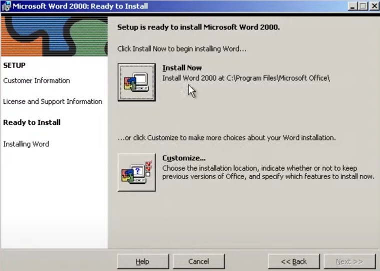 Microsoft office 2000 choosing installation type and where the it will be installed.