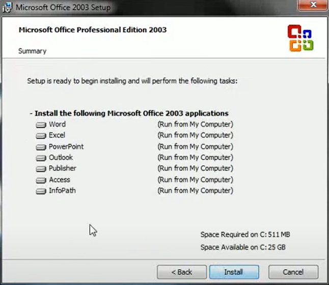 A summary of all the apps and services that will be installed with Office 2003