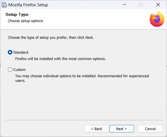 Mozilla firefox installation type selection