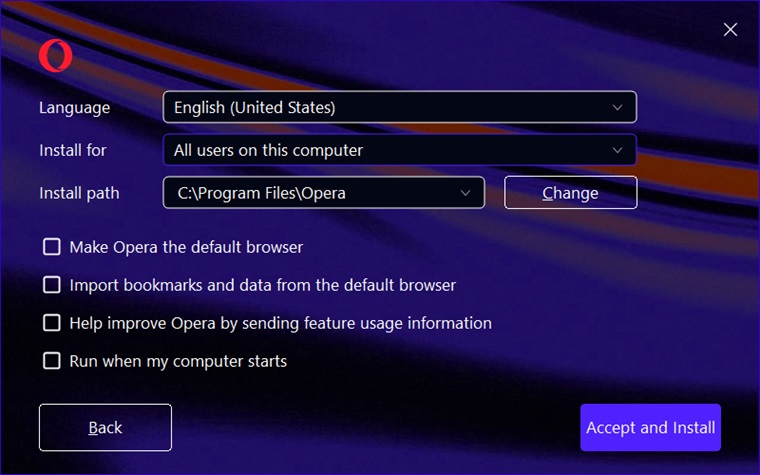 Opera setup options screen