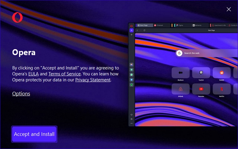 Opera setup start screen