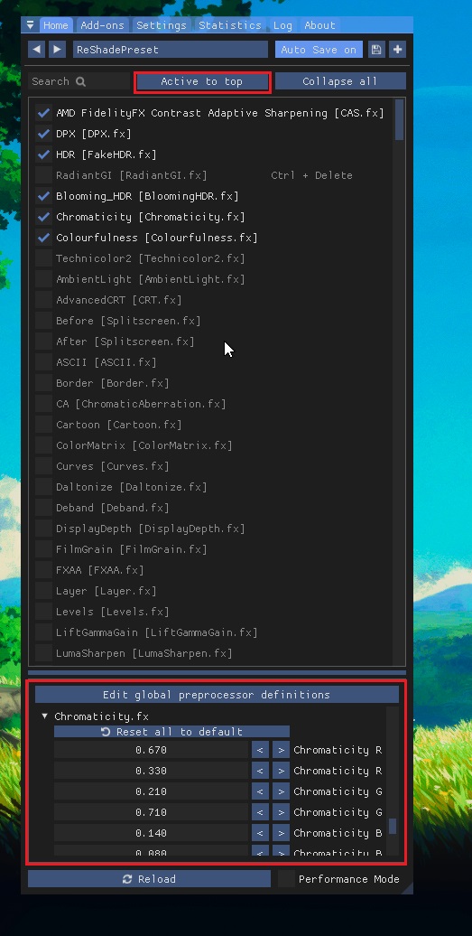 Reshade in game menu pic