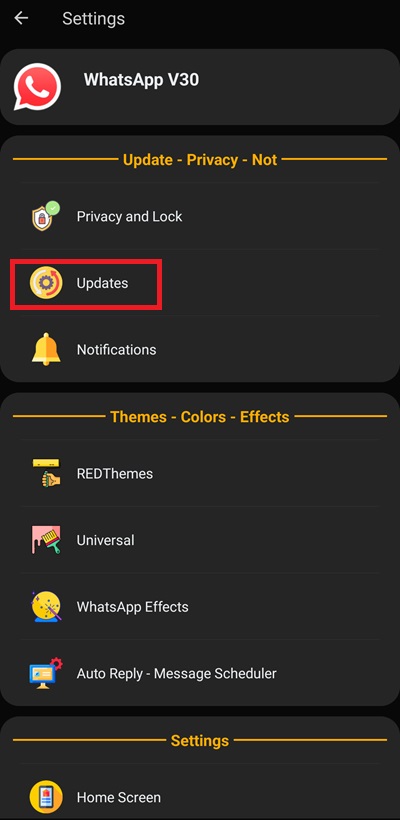 Red whatsapp updates option in settings