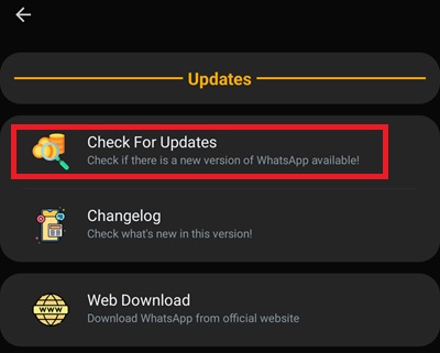 Red whatsapp checking for updates via settings
