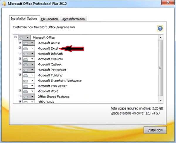 Selecting microsoft excel 2010 to install as a standalone app