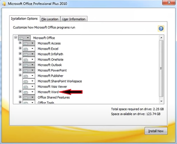 Selecting only word 2010 for installation in office 2010 setup