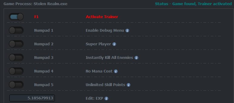 Stolen realm trainer interface
