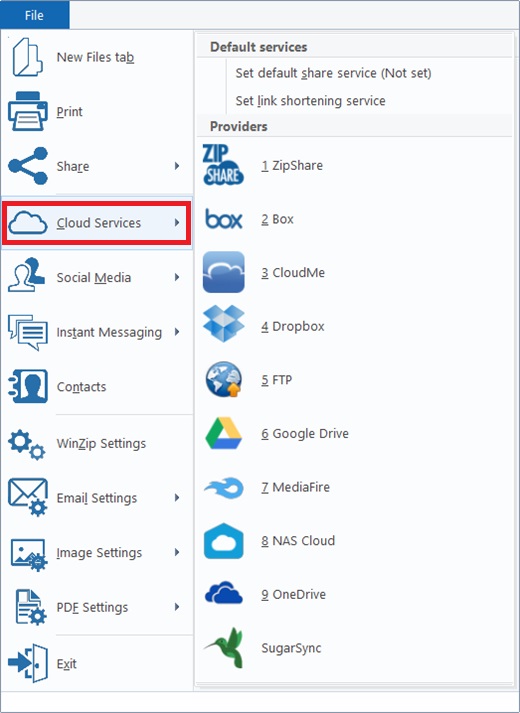 WinZip Cloud services integration menu 