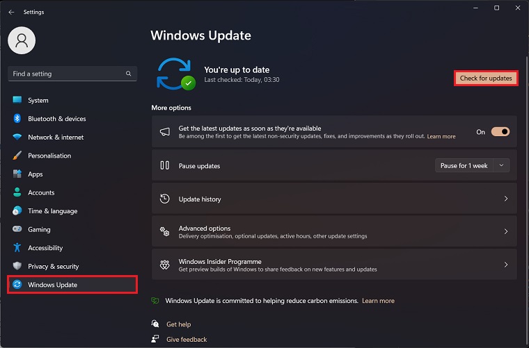Windows 11 update menu