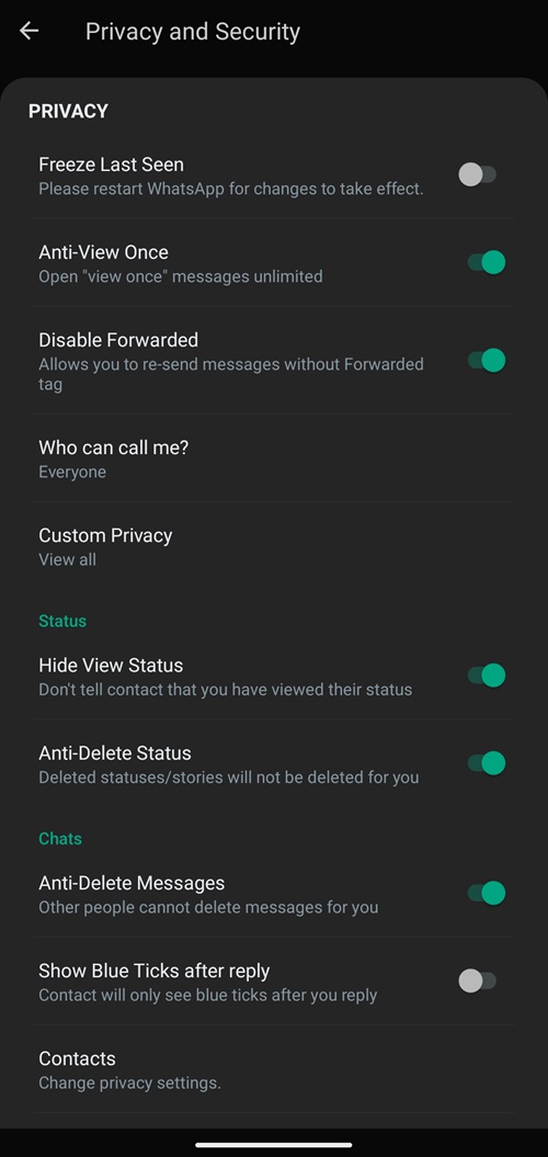 Yo whatsapp privacy settings menu