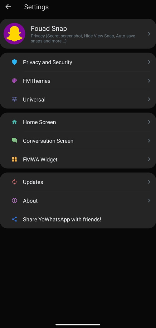 Yo whatsapp settings menu
