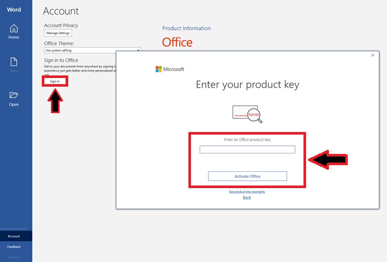 Entering license code to register office 2016 from ms word